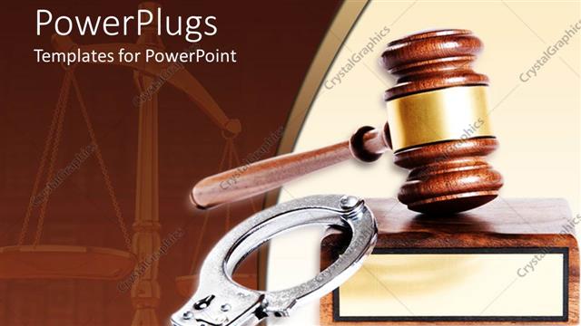  Presentation with law - Metal handcuffs next to wooden gavel and block