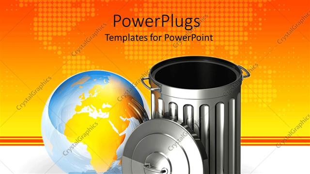  Presentation with metallic - Metallic metal trash can next to clear globe in yellow background