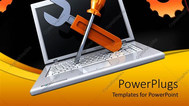  Presentation with silver - Metallic silver laptop with screwdriver and wrench on laptop and screws on corners of black background screen