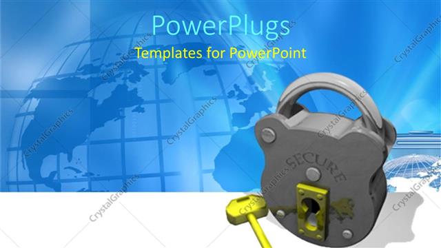  Presentation with blue metallic - Metallic silver lock with yellow keyhole and key and globe on blue background