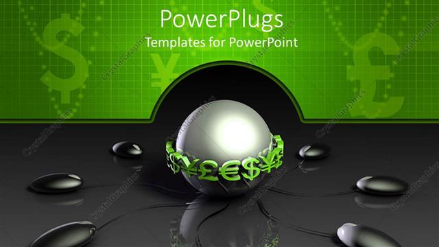  Presentation with silver - Metallic silver sphere surrounded by green currencies and connected to several black computer mouse
