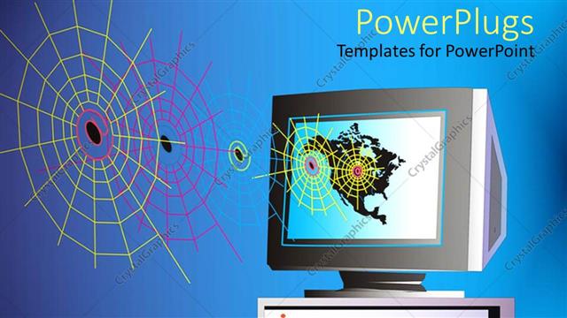  Presentation with spider web - Metaphor for world wide web with spider webs, at signs, computer screen with North America
