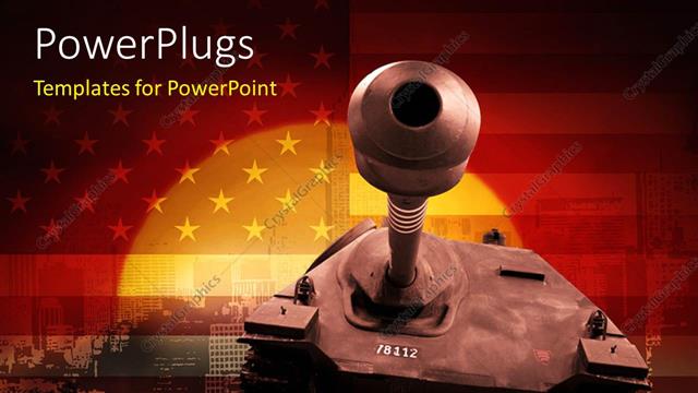  Presentation with defense - Military armored tank for war and United States flag in background