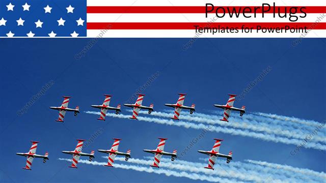  Presentation with patriotic - US military naval jets flying in formation on blue sky, American flag border, patriotic, USA