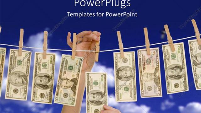  Presentation with blue line - Money bills hanging on a clothes line held by wooden clothespins and two hands taking money bill from the line on blue sky background