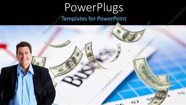  Presentation with money - Money falling on financial charts with business man smiling?