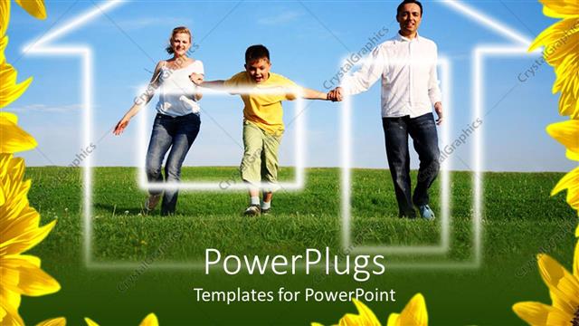  Presentation with child dream house - Mother, father and child running toward home, dream house, real estate, mortgages, yellow flower border