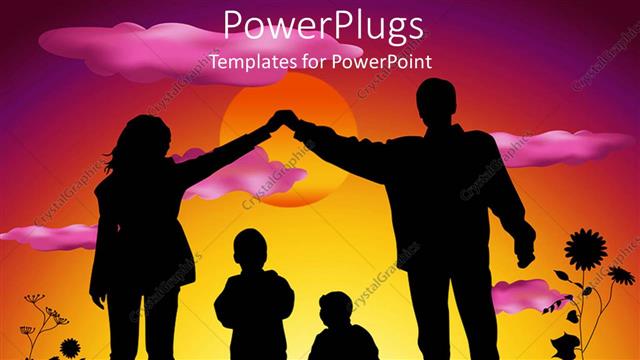  Presentation with family children - Mother and father making heart silhouette over two children sunset background