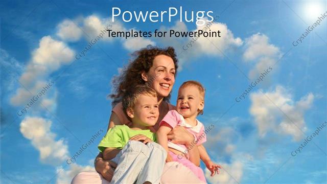  Presentation with grass - Mother happy with her 2 kids sitting on grass cloudy background