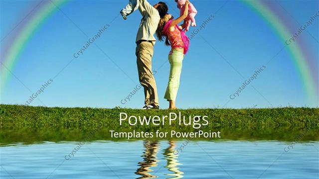  Presentation with baby rainbow - Mother holding baby girl and father with little boy next to calm lake with rainbow