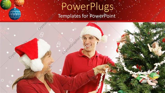  Presentation with decorate - Mother and son wearing Santa hats decorate Christmas tree