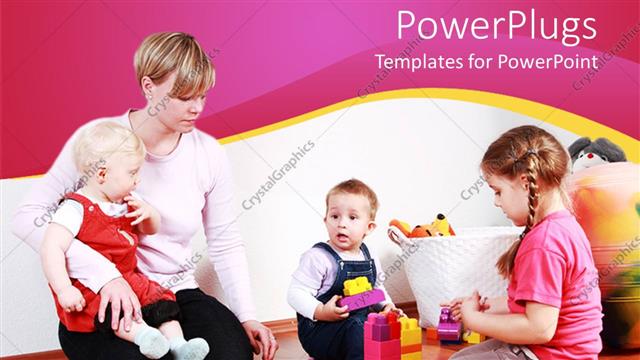  Presentation with school children - Mother with three small children playing Legos