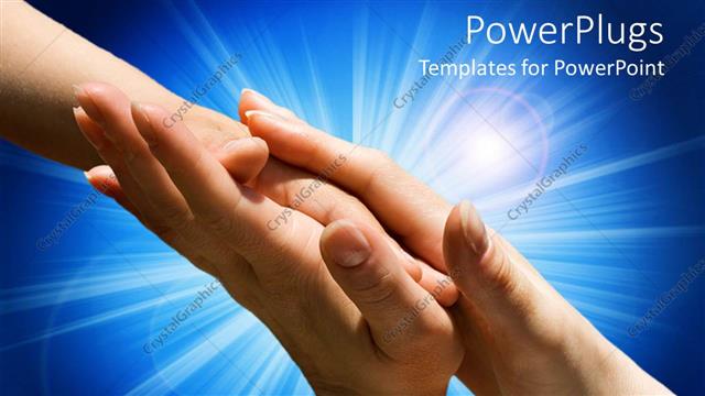  Presentation with mother child - Mother's hands holding child hand protecting the child on blue background with light rays