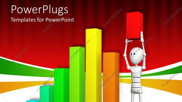  Presentation with bar - Multi colored bar chart with an animated figure raising up a short red bar