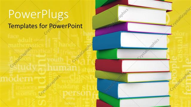  Presentation with multi - Multi colored books stacked with education keywords in the background
