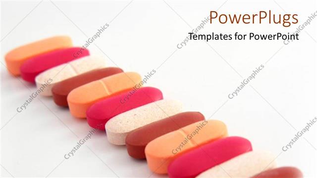  Presentation with medical pills - Multi colored pills lined up straight on a white background