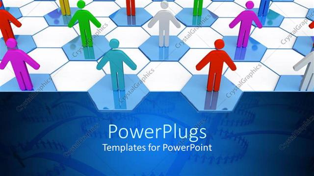  Presentation with network - Multicolored two dimensional figures on blue and white hexagonal background