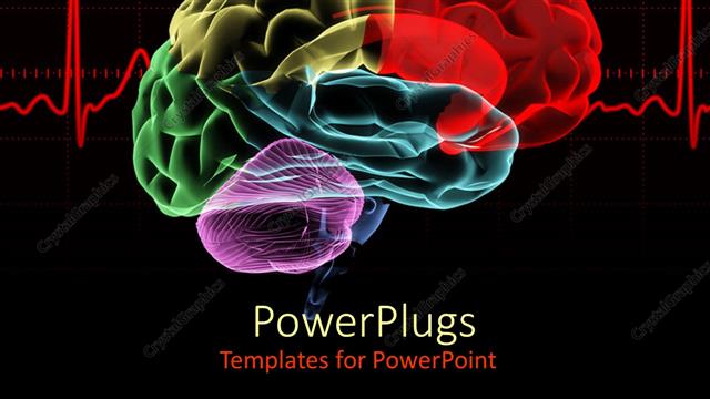  Presentation with brain - Multicolored x-ray human brain with a red heart rate related to cranium neurology science on a black background