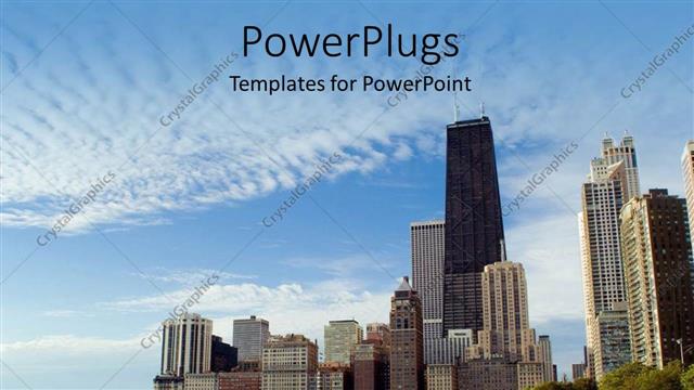  Presentation with skies - Multiple beach front skyscrapers under blue skies next to ocean