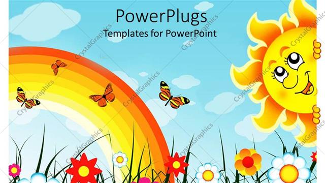  Presentation with butterflies - Multiple colorful flowers with rainbow, butterflies and smiling sun
