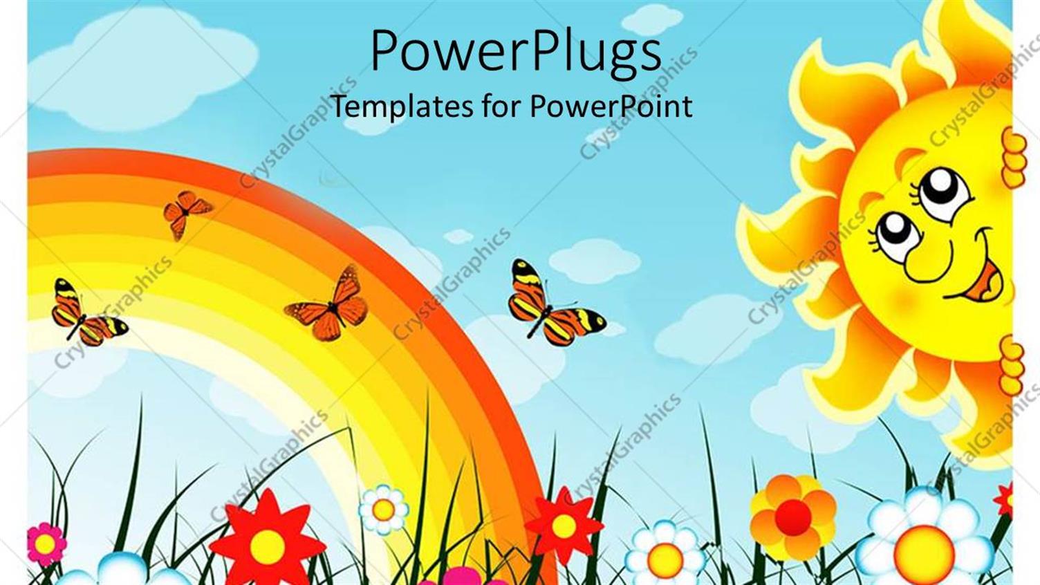 Featuring Multiple Colorful Flowers with Rainbow, Butterflies and Smiling Sun