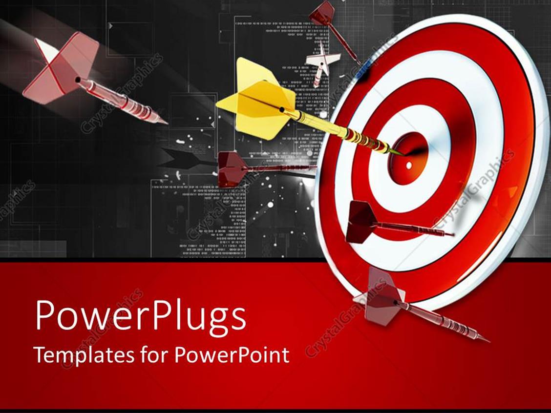 PowerPoint Template Multiple multi colored darts shot at a red dart board (28545)