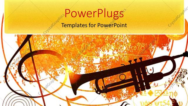  Presentation with trumpet - Music background with notes, trumpet horn, treble clef in orange, yellow, black and white