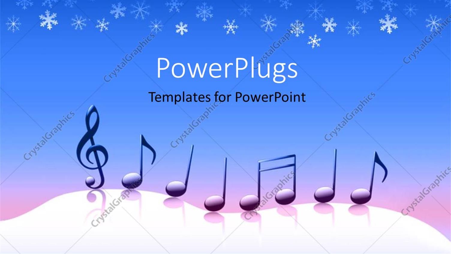 Soft Background Music For Slideshow Free Download PowerPoint Template: Music symbols on snowy background with snow flakes