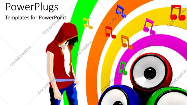  Presentation with speakers - Music symbols and three colorful speakers and man on music themed background?