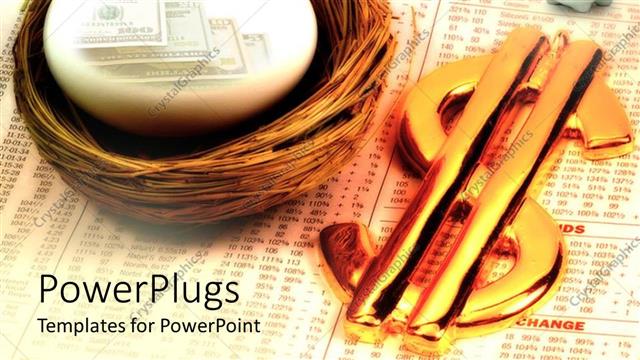  Presentation with gold egg - Nest egg with hundred dollar bills next to gold dollar sign and finger putting money in piggy bank