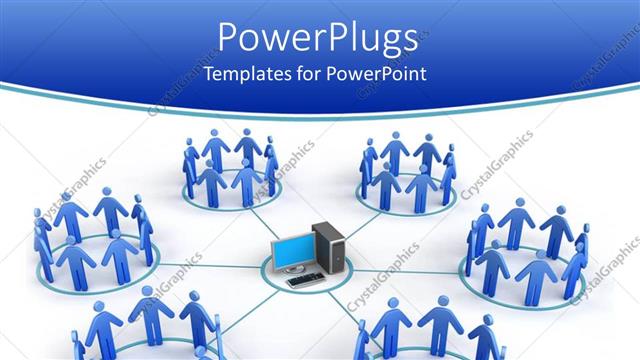  Presentation with network - Network with desktop computer in middle circle connected to six circles filled with blue figures