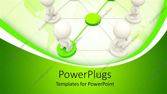  Presentation with green circles - Network with green and white connections and 3D white figures standing on connection circles
