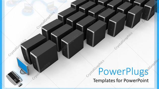  Presentation with server - Network servers lined up with desktop computer, IT