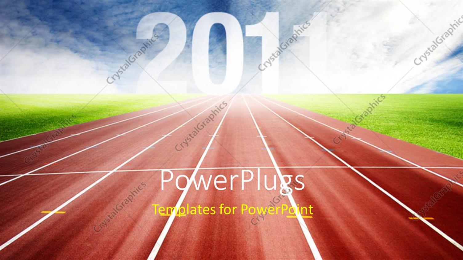 Featuring New Year Depiction with Athletic Track Between Green Field