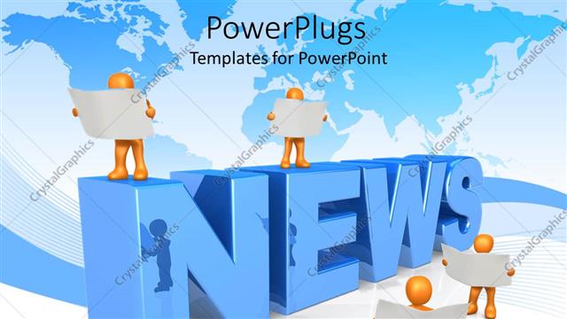  Presentation with news - News concept with gold people holding white reports, blue world map background