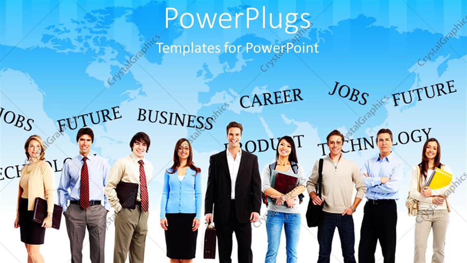 Featuring Nine Business People Smiling with some Texts Behind them