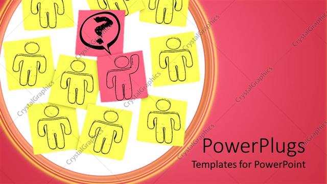  Presentation with note - Nine drawings of human characters on yellow note pads with a pink center one