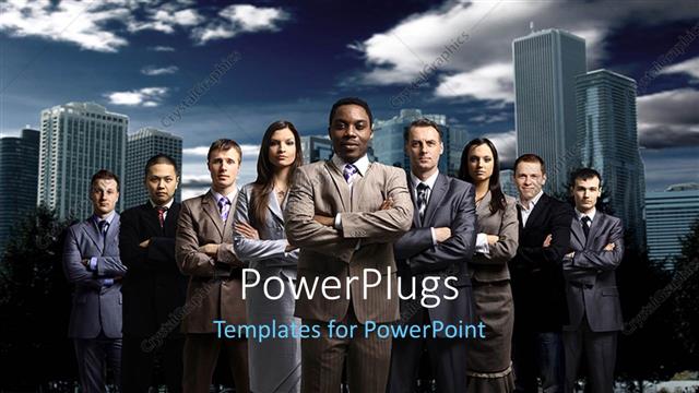  Presentation with team hands - Nine males and females on suites standing and folding their hands