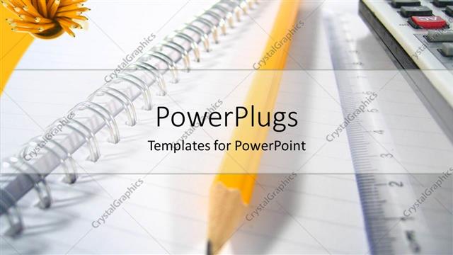  Presentation with calculator - Notepad with big yellow pencil ruler and calculator white background