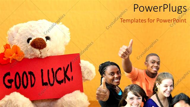  Presentation with good luck - A number of classmates with a teddy bear and the word good luck