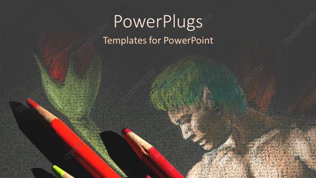  Presentation with color pencils - A number of color pencils with a drawing in the background