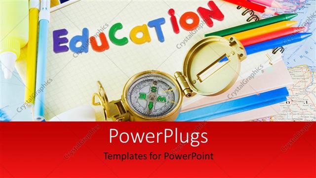  Presentation with education supplies - A number of color pencils with the word education and map in the background
