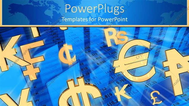  Presentation with world - A number of currency signs together with bluish background