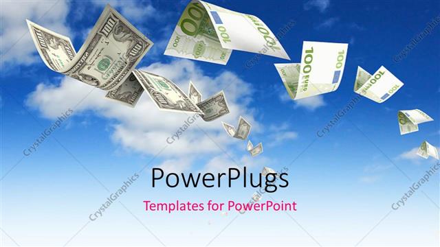  Presentation with bills - A number of dollar notes in the air with sky