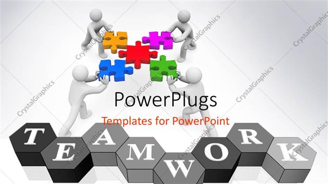  Presentation with teamwork - A number of figures trying to join puzzle pieces showing teamwork