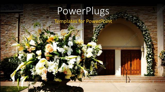  Presentation with church - A number of flowers with a house in the background