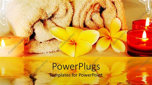  Presentation with spa - A number of flowers and towels with their reflection in the water