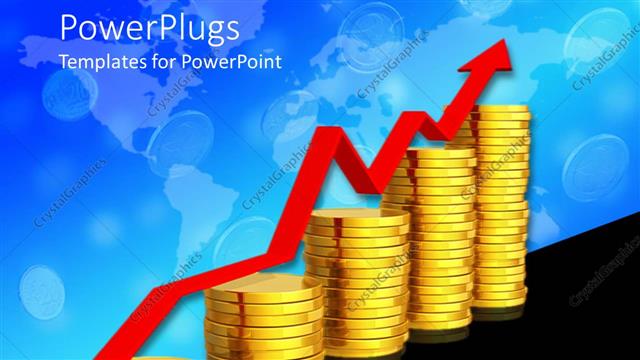  Presentation with growth - A number of gold coins with a growth arrow and bluish background