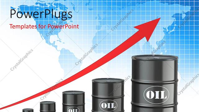  Presentation with crude oil - A number of oil drums with an increasing arrow sign