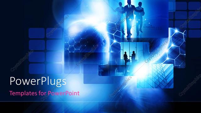  Presentation with global - A number of people in the building with bluish background and place for text